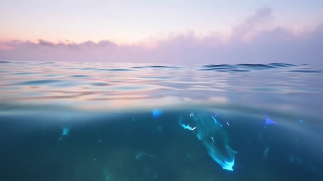 4K cinematic video smooth glass ocean dawn, mirror water reflecting gradient sky indigo to pink, gentle neon blue purple waves ripple beneath transparent surface, abstract glowing shapes drifting