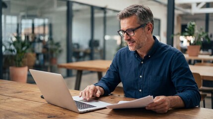 Fototapeta premium Mature Man Working on Laptop in Modern Office
