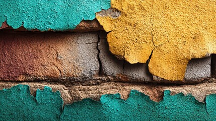 Close Up of Flaking Colorful Paint on Weathered Brick Wall Showing Texture in Vibrant Teal Gold Brown and Gray Abstract Background
