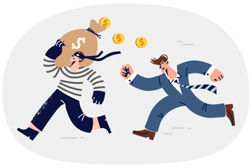 Fototapeta premium Man bank security guard runs after thief, stolen bag of money and coins from vault