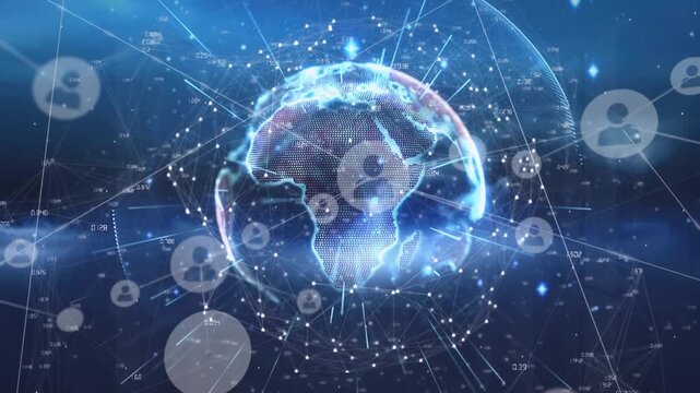 Animation of network of profile icons and light trails over spinning globe against blue background
