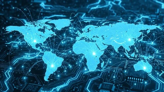 Blue world map overlaid on technological circuit board background.