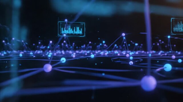 A futuristic network visualization with interconnected nodes and graphs on screens in a dark room with a cool blue color scheme.