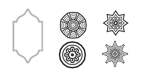 Fototapeta premium Set of geometric ornamental vector elements with intricate symmetrical line art design.