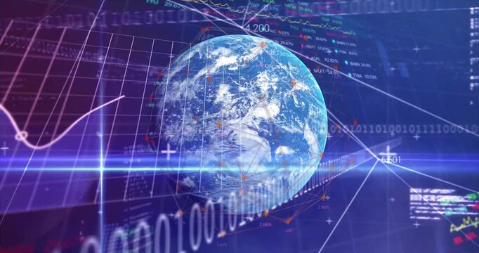 Animation of financial data processing and binary coding over globe