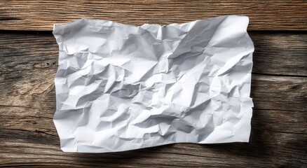 Crumpled White Paper Sheet on Distressed Wood Surface in Overhead Shot with Shadow