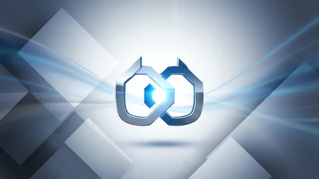 A futuristic infinity loop logo with arrows on a dark blue and gray geometric background with light rays and a white glow.