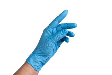 a male hand with a blue glove