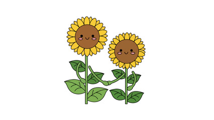 Obraz premium Two cartoon sunflowers with smiling faces and leaves