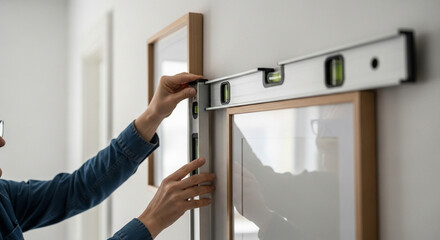 Home improvement Hand using a level to hang pictures on a wall