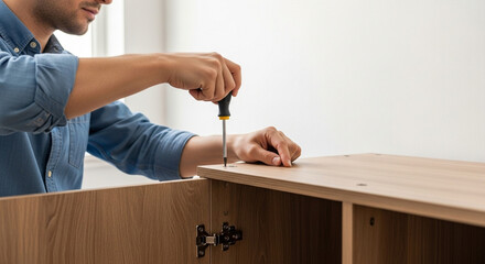 Close-up of a man assembling wooden furniture using a screwdriver