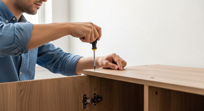 Close-up of a man assembling wooden furniture using a screwdriver