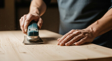 Hands Sanding a Wooden Surface with Power Sander