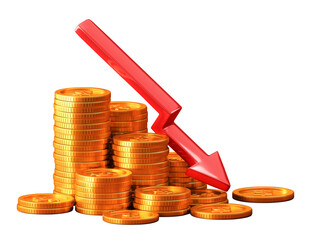 Financial crisis and money loss with red arrow on gold coin stack isolated on transparent png background