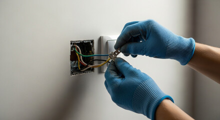 Professional Electrician in Blue Safety Gloves Connecting Electrical Wires During a Home Installation or Repair Project on a Wall Outlet