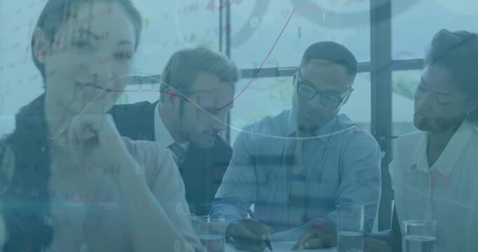 Analyzing documents, business team with financial data animation in office setting