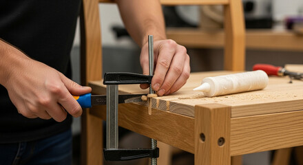 Woodworking project hands assembling wooden furniture with glue and clamps