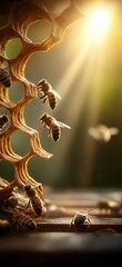 Busy bees working on honeycomb bathed in golden sunlight. Honeybees flying around hexagon honeycomb cells, producing honey with golden light
