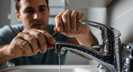 Man fixing a dripping faucet in a bathroom sink, plumbing repair