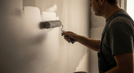 Home renovation A man painting a white wall with a roller in a room