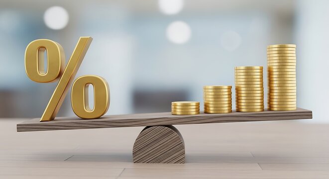 Golden percent sign balancing with growing stack of coins on a wooden seesaw. Interest rate, return on investment concept for finance.