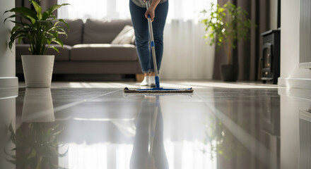 Woman cleaning shiny floor with mop at home