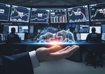 Artificial intelligence brain hologram hovering above a human hand inside a high-tech trading room, representing data analysis, financial markets, automation, machine learning, decision making