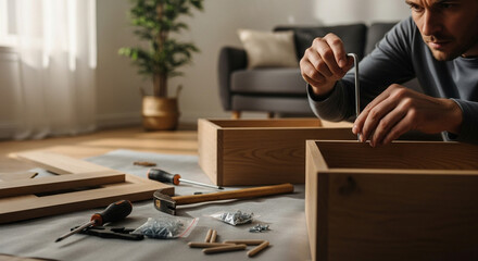 Man assembling flat-pack furniture with tools and wooden components