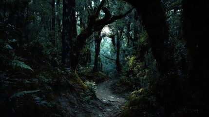 Enchanted Forest Path with Blue Hue and Sunlit Clearing Dark Tree Trunks and Fallen Leaves Create Mystical Atmosphere Tranquil Scene