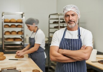 Confident baker standing with folded arms in a professional bakery kitchen as staff prepare fresh bread, showing craftsmanship, teamwork, food quality production,and business pride