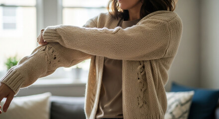 A woman in a cozy, cream-colored sweater gently adjusting her sleeve in the comfort of her home, reflecting a quiet moment of everyday ease and self-care