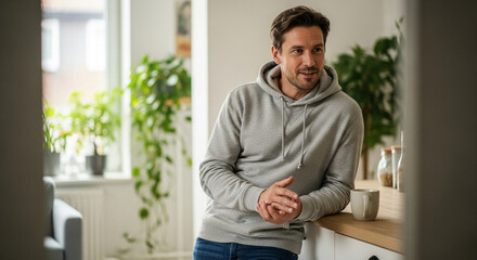 Man in a grey hoodie leaning on a kitchen counter, indoors
