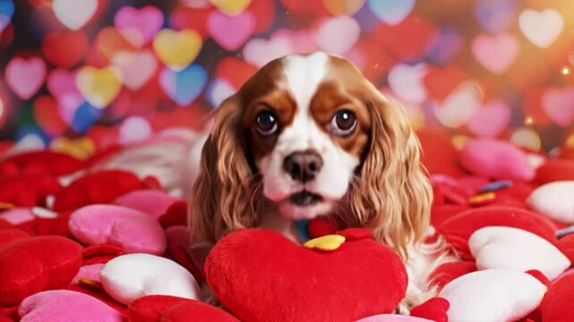 Cavalier king charles spaniel surrounded by colorful heart pillows