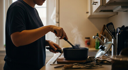 Hands stirring a steaming pot on a stovetop, capturing the essence of home cooking and meal preparation in a cozy kitchen setting