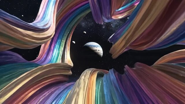 Abstract cosmic background with colorful flowing ribbons and planets in deep space.