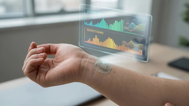 Wearable sensor wrist monitoring dopamine serotonin levels with futuristic digital health data display medical technology close up arm health