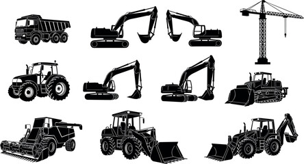 Construction equipment silhouette set featuring excavators, dump truck, tractor loader, agricultural and industrial machinery for building, mining, farming, and infrastructure projects © Yeasin