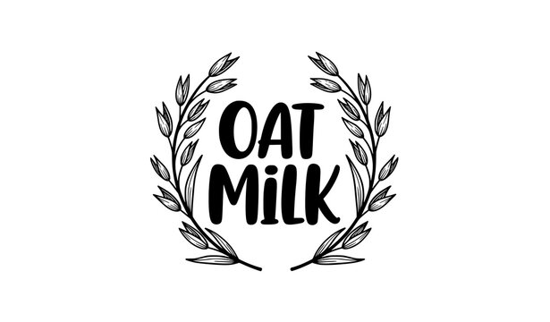 Oat milk silhouette logo with hand drawn oats black and white vector illustration