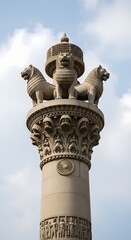 Ashoka Lion Capital sculpture atop a sandstone pillar symbolizing Indian heritage, national pride, ancient architecture, cultural history, power, governance, and the timeless legacy of Mauryan art 