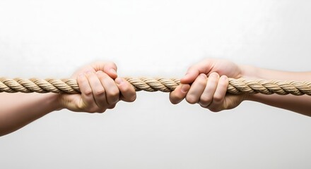 Close-up of two people pulling a rope in opposite directions, symbolizing conflict, competition, teamwork, strength, struggle, cooperation, power balance, and the concept of tug of war in business 