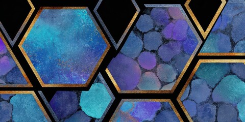 Geometric Hexagon Pattern with Glitter Texture in Shades of Blue and Purple with Gold Edges on Black Background