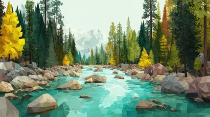 Pixel Art Style Turquoise River Flowing Through a Lush Green and Golden Forest with Boulder Strewn Banks and Distant Mountain Peak on a Cloudy Sky