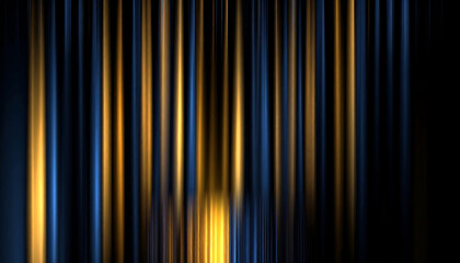 Abstract glowing pleated curtain pattern with blue to gold light gradient on dark background