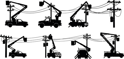 Electric utility service truck silhouettes power lines, bucket lifts and workers equipment for electrical maintenance and infrastructure illustration  © Yeasin