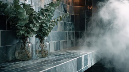 Serene Sauna Interior With Eucalyptus Stems On Dark Tiled Bench And Plumes Of Steam Creating Relaxing Spa Atmosphere