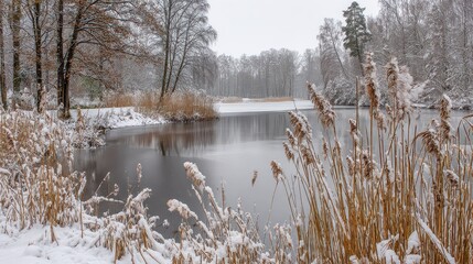 Serene Winter Landscape with Snow Covered Reed Plants and Calm Lake Reflecting Bare Trees Under Overcast Sky in Outdoor Natural Setting