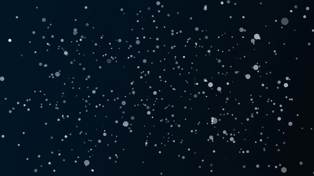 Flashing white dots are flying in the air on dark blue gradient background. Loop animation, 60 fps. Abstract video with fluid effect. Particles like glittter, sparkle, star are flying in the wind. 