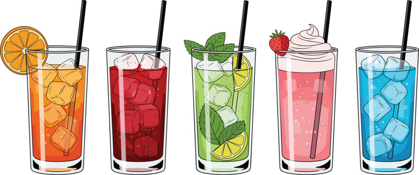 Colorful refreshing summer drinks in tall glasses with ice fruit mint whipped topping and straws isolated on white