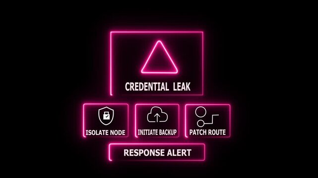 Cybersecurity alert warning credential leak isolated mode hacker attack digital threat response neon glow