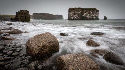 Long Exposure of Black Sand Beach with Barnacle Covered Rocks and Distant Stone Ruins in Iceland Under Overcast Sky Landscape